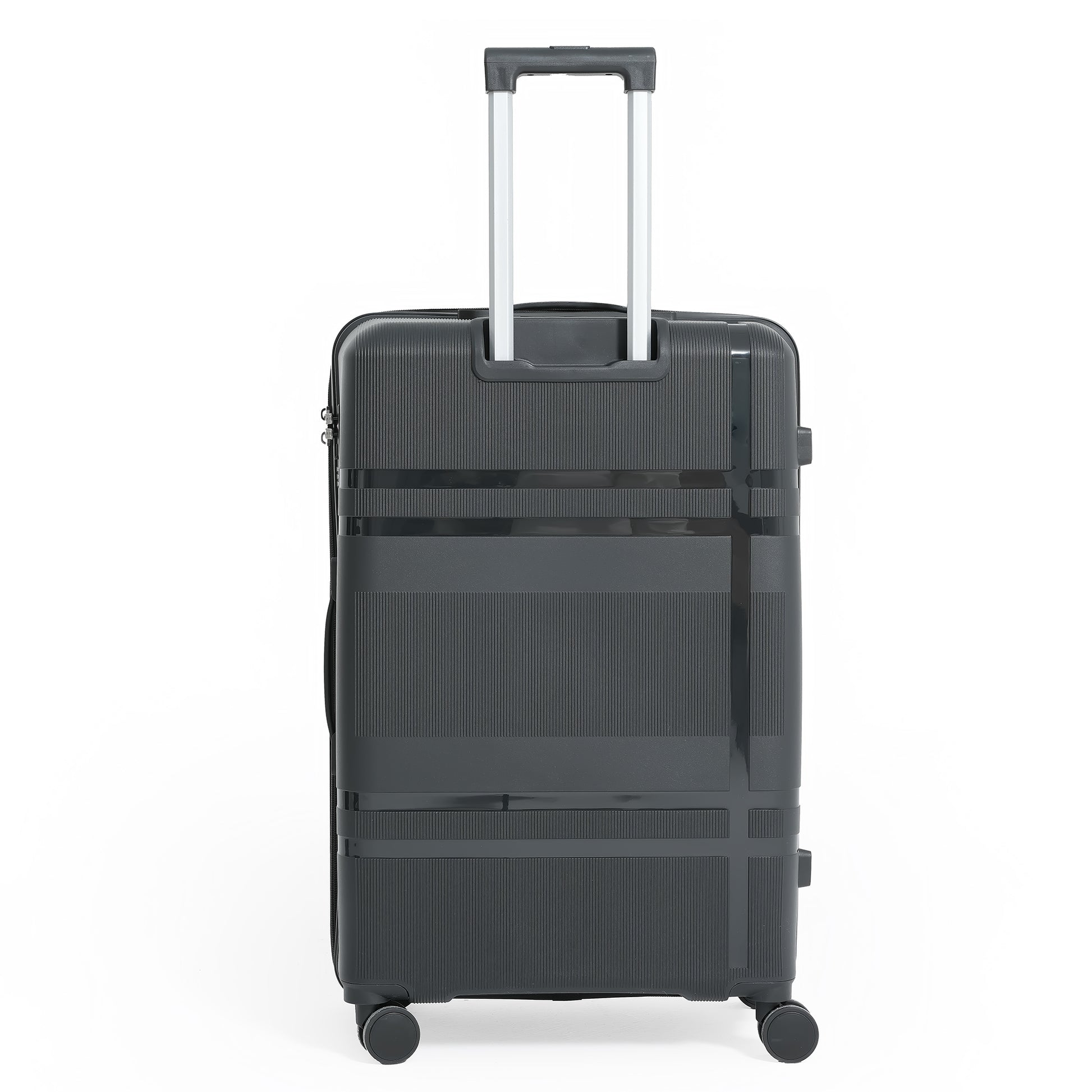 Black suitcase with wheels on a white background