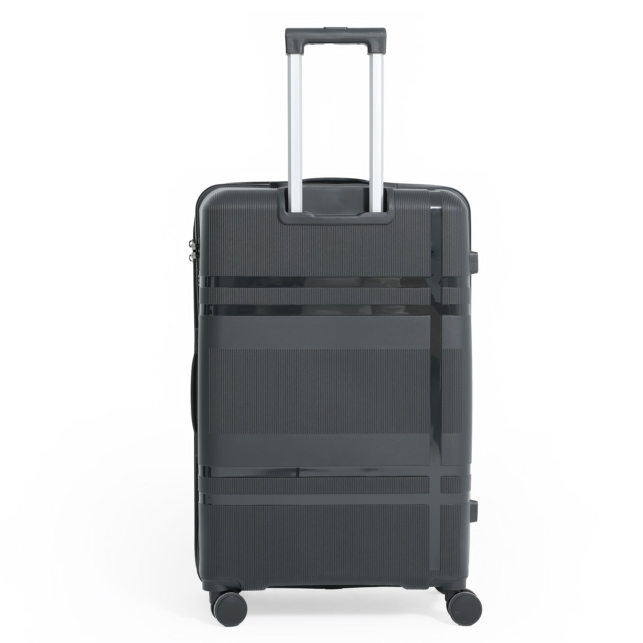 Black suitcase with wheels on a white background