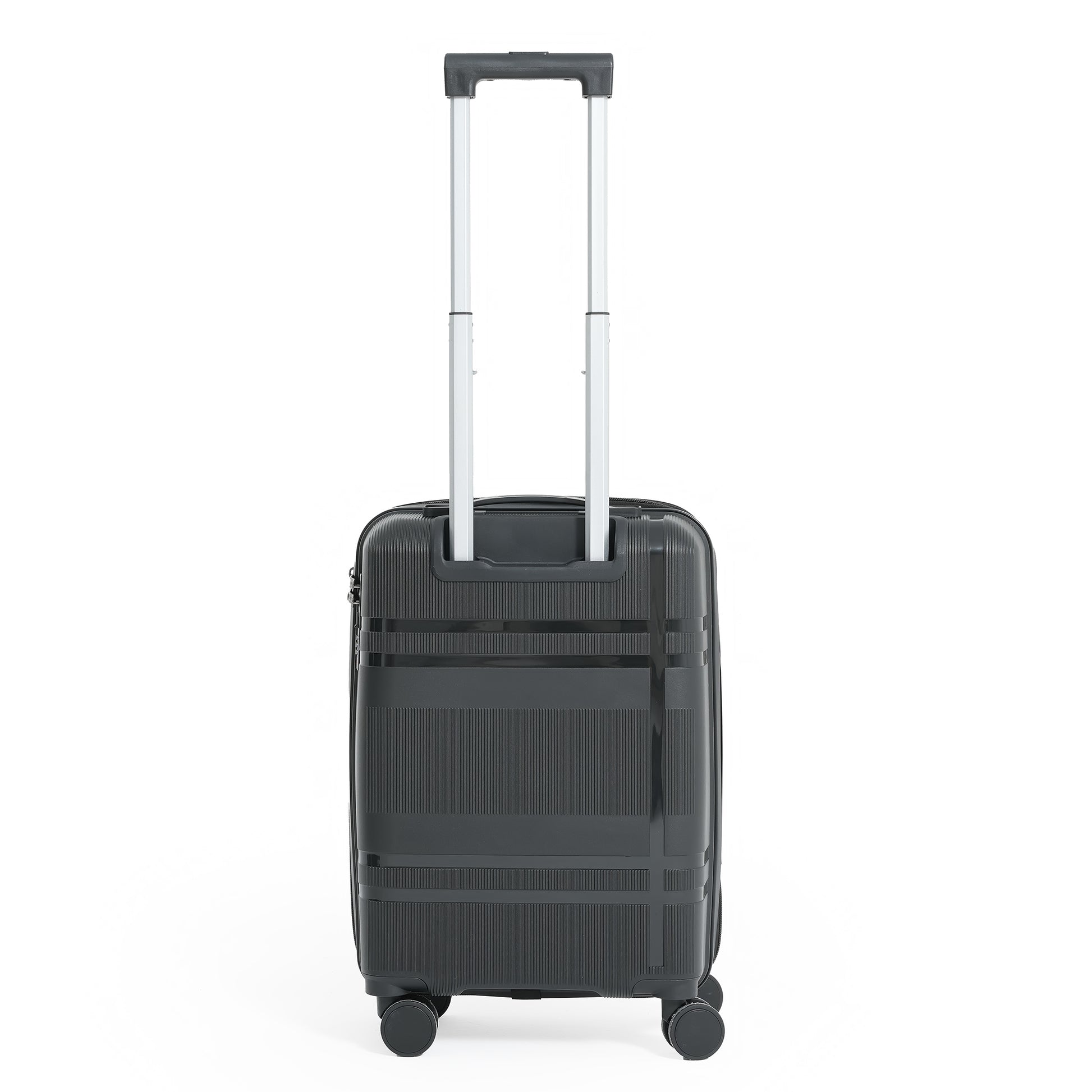 Black suitcase with wheels and a handle on a white background