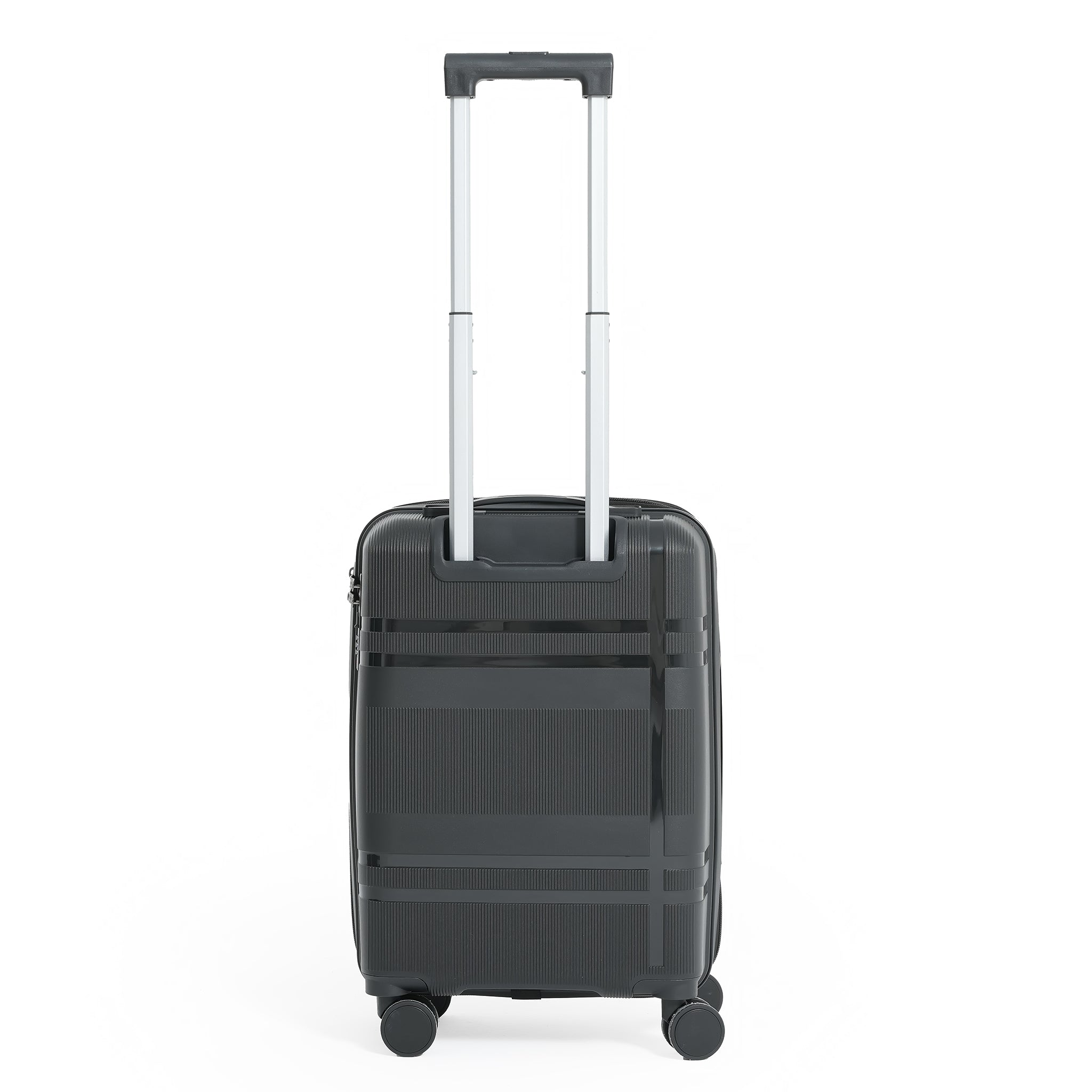 Black suitcase with wheels and a handle on a white background