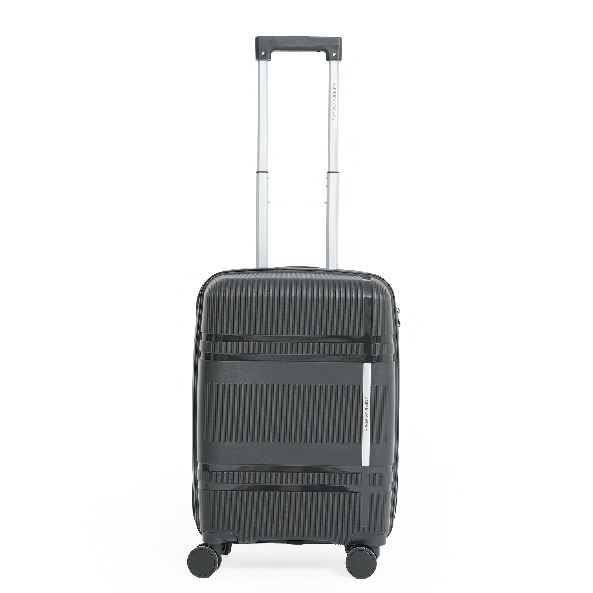 Black suitcase with wheels and a handle on a white background