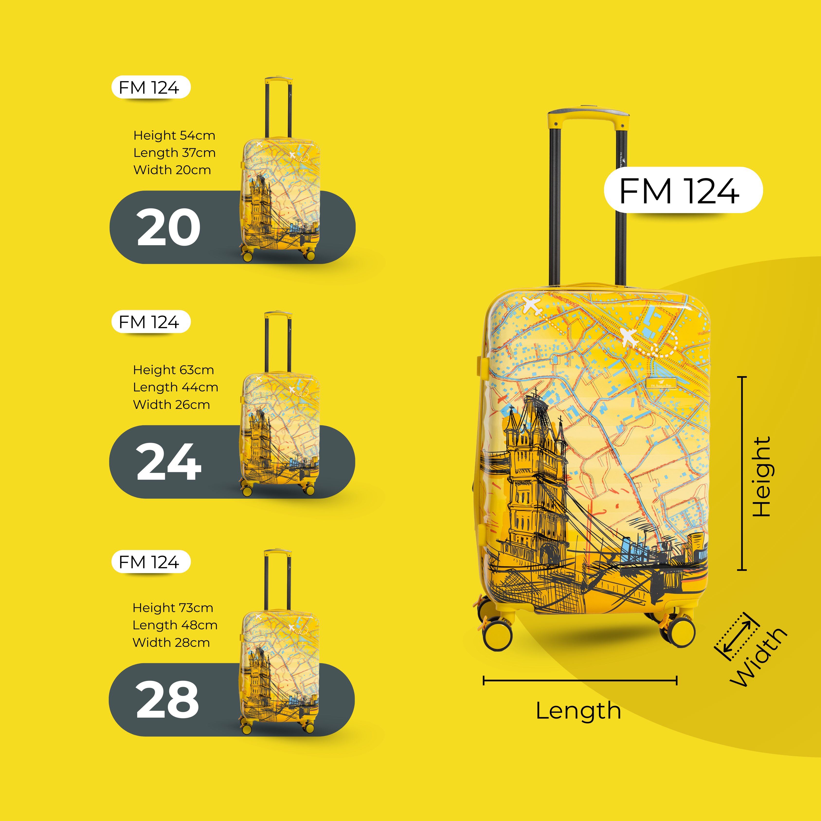 مجموعة حقائب سفر بعجلات مطبوعة من AMERICAN RIDER ENVY، مكونة من 3 قطع باللون الأصفر