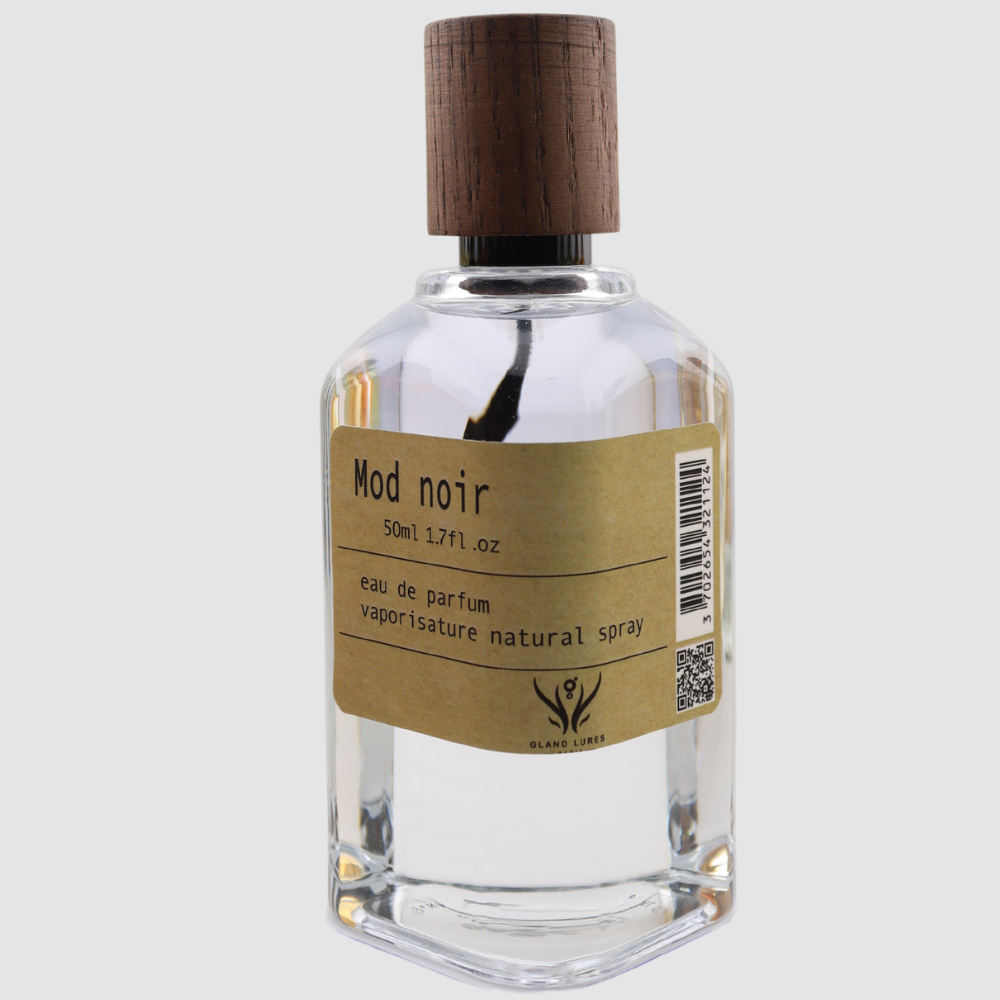 MOD NOIR BY GLAND LURES PARIS, ELEGANT BOTTLE WITH ORGANIC WOODEN PACKING .
