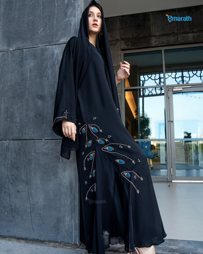 Premium Black Abaya with Luxury Hand Embroidery & Classic Blue-Golden Detailing