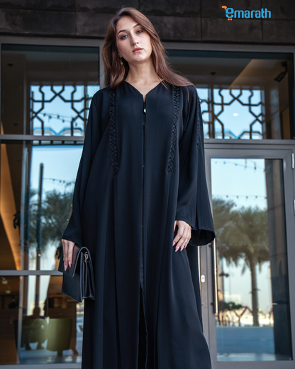 Black Nida Fabric Abaya with Handcrafted Floral Detailing – Classic Emirati Premium Design