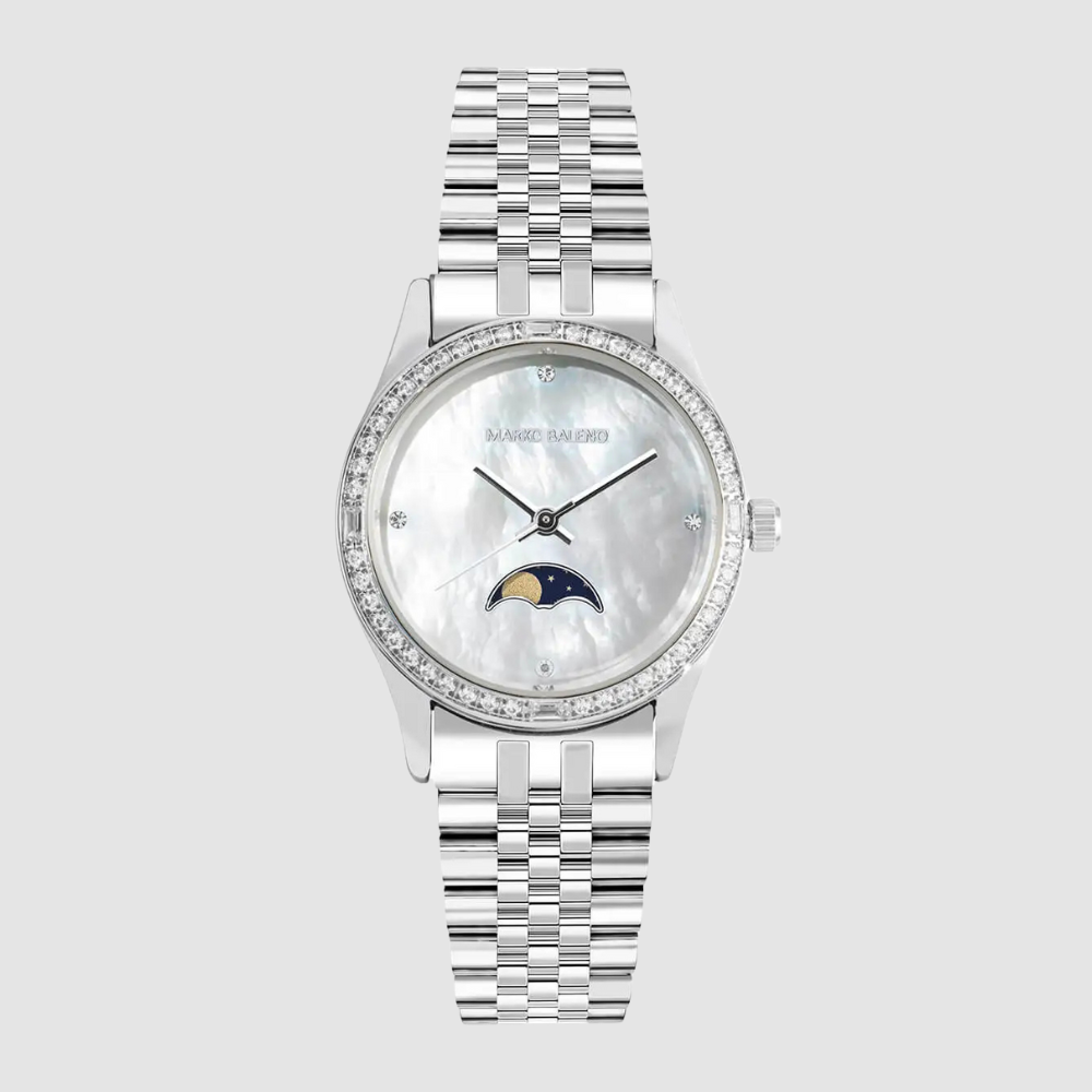 Discover the elegance of the MARKO BALENO LUNAA MB214-A, a luxury wrist watch with a polished silver case, white dial, and silver strap.
