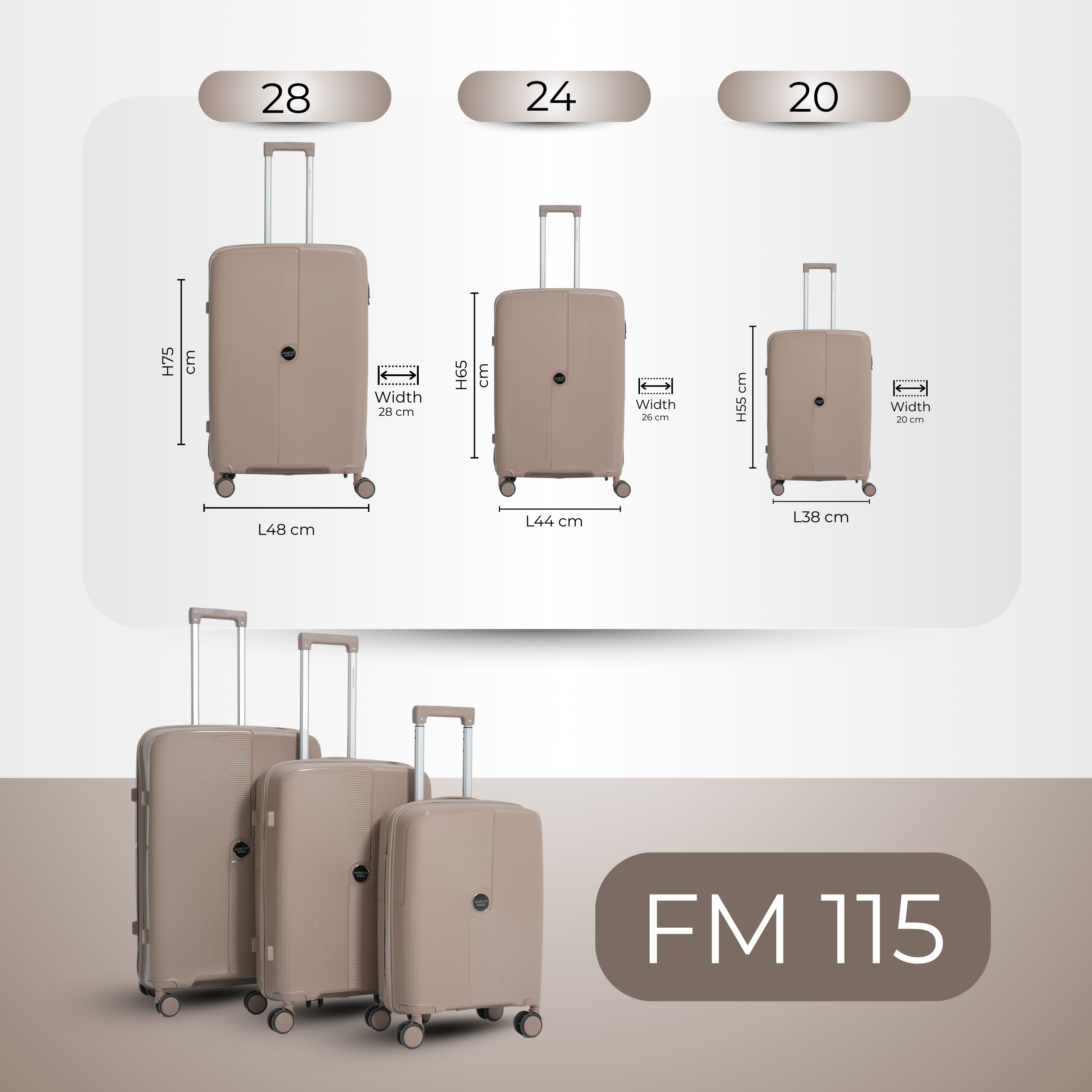 مجموعة حقائب سفر بعجلات من AMERICAN WINGS، 3 قطع، لون كاكي، مصنوعة من مادة البولي بروبيلين
