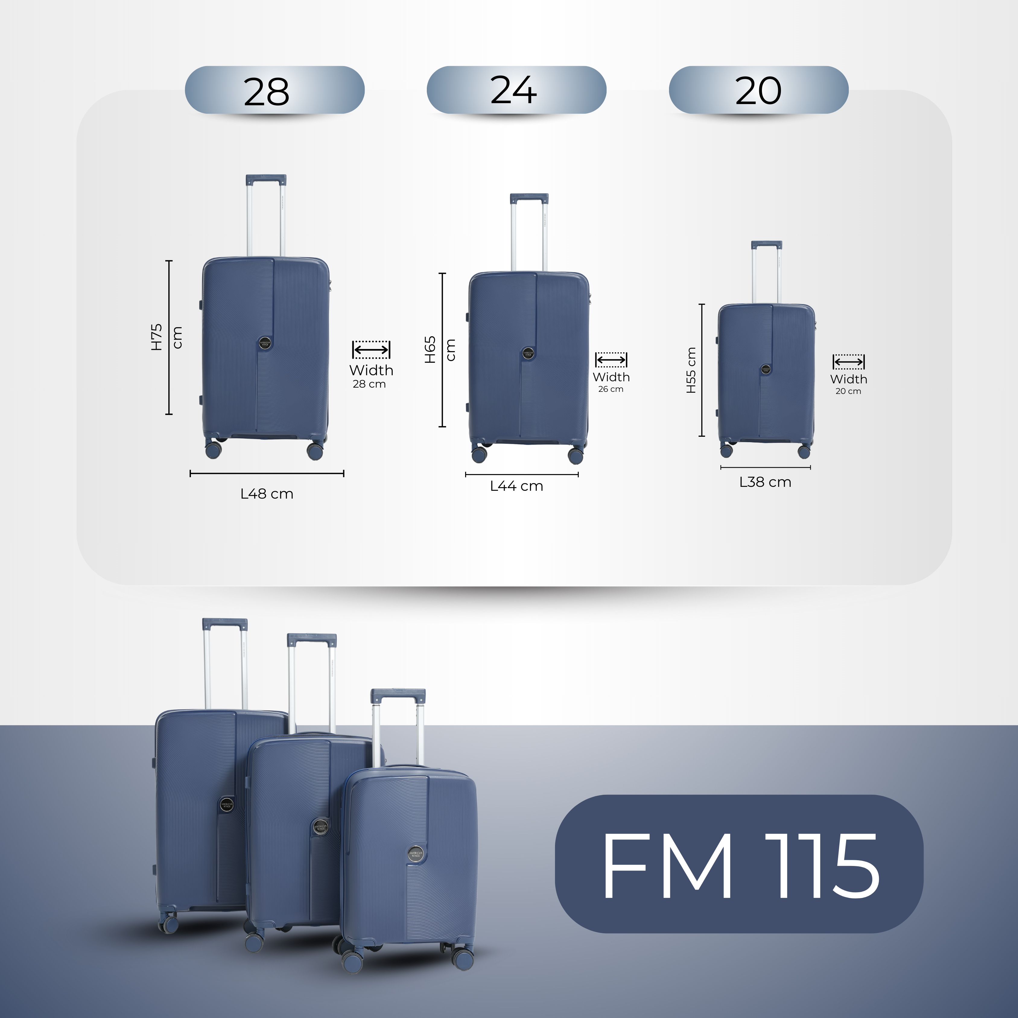 3PCS Dark Blue PP Trolley Luggage Set
