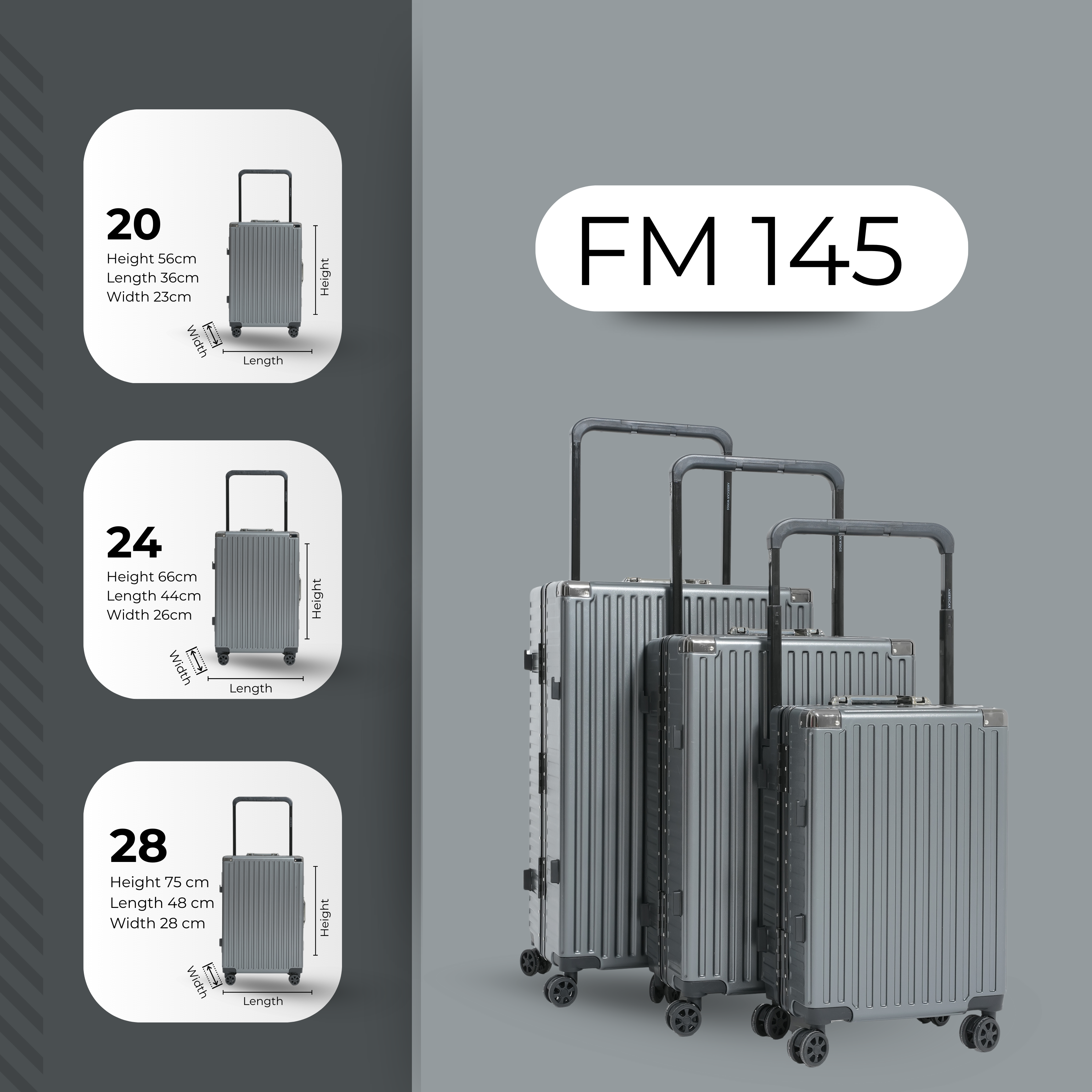 مجموعة حقائب سفر AMERICAN WINGS بإطار من الألومنيوم الرمادي، مكونة من 3 قطع