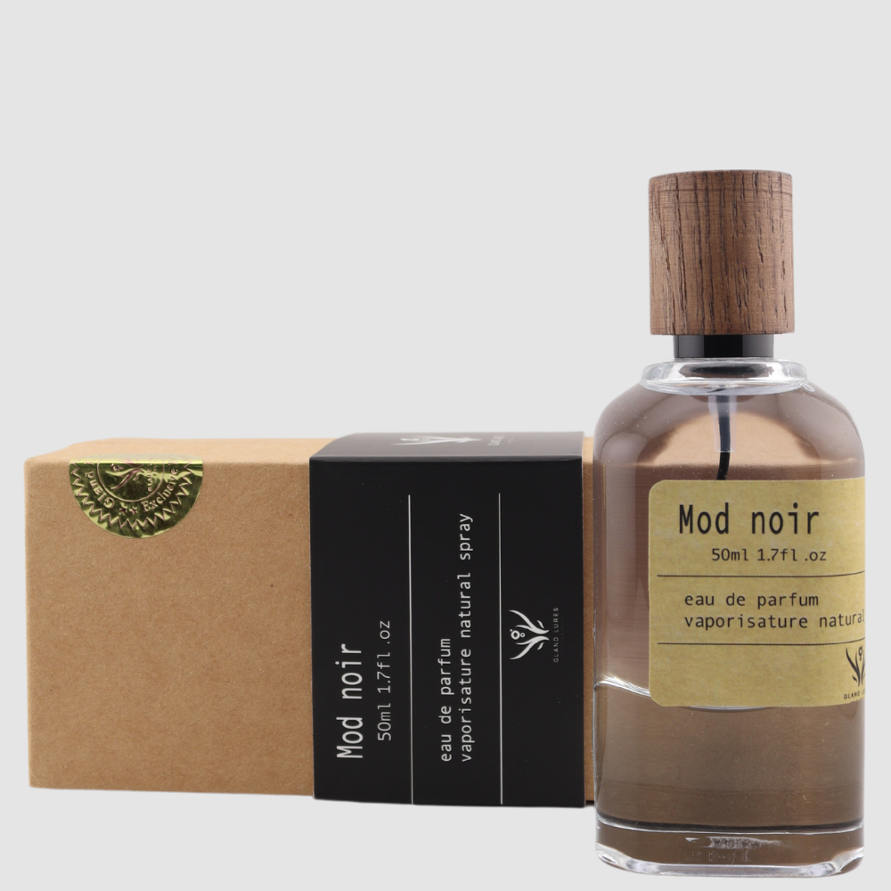 MOD NOIR BY GLAND LURES PARIS, ELEGANT BOTTLE WITH ORGANIC WOODEN PACKING .