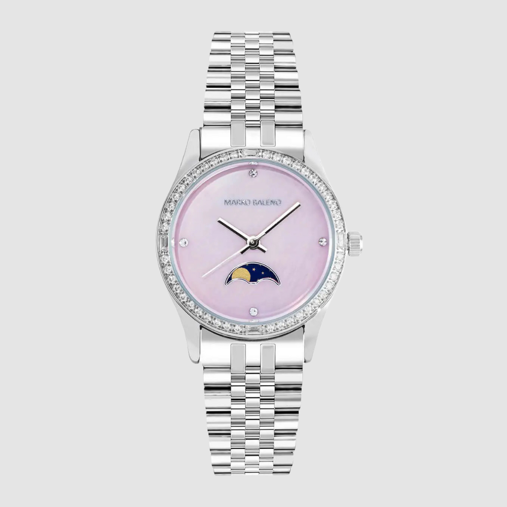Explore the best watches with the MARKO BALENO LUNAA MB214-B, a stylish women’s wrist watch featuring a polished silver case, pink dial, and silver strap.