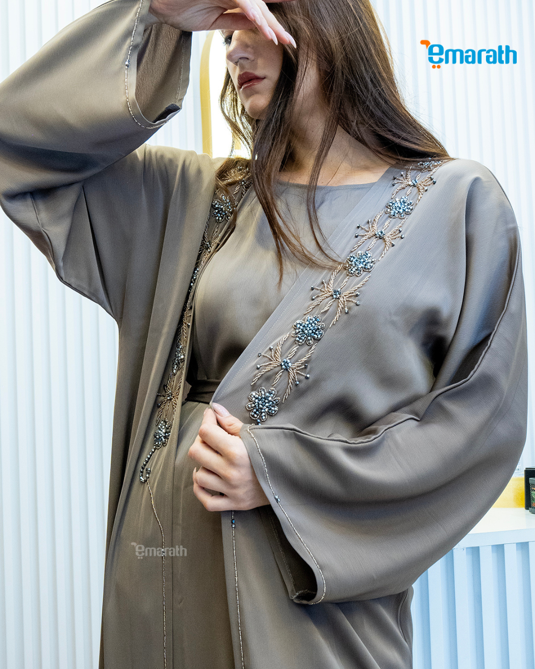 Trendy Grey Abaya for Women with Hand & Stone Work in TikTok Fabric