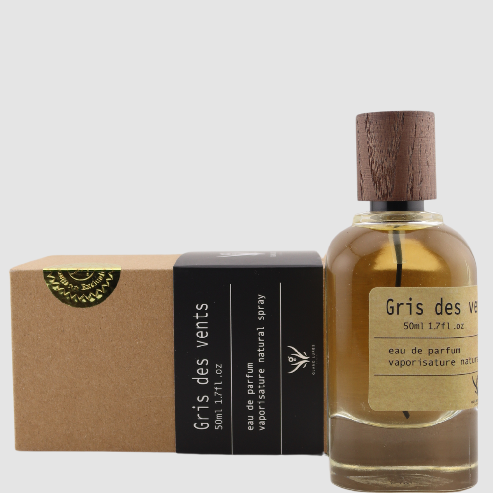 GRIS DES VENTS BY GLAND LURES PARIS, ELEGANT BOTTLE WITH ORGANIC WOODEN PACKING .