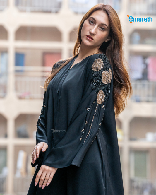 Stylish Black Abaya for Women with Handwork & Brown Thread Detailing