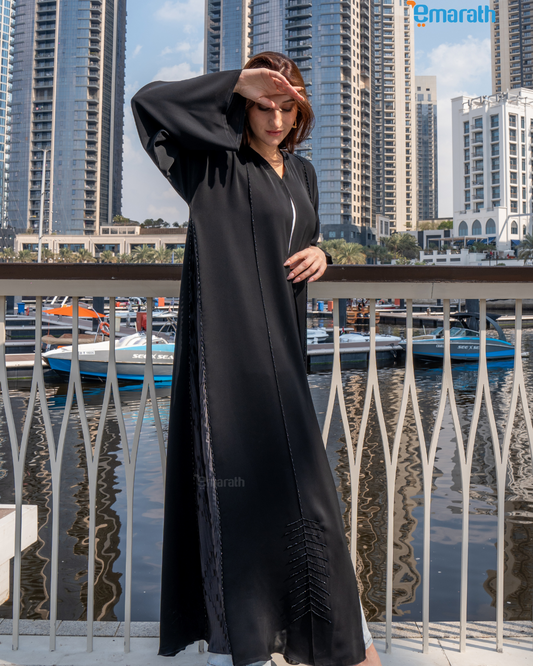 Modern Black Abaya for women with Side Pleats – Modesty  Premium Design in Armani Satin & Nida Fabric