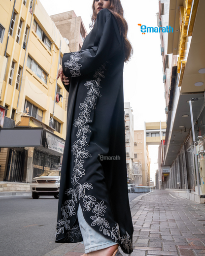 Exquisite Black Abaya for Women with Aari Embroidery & White Thread Work