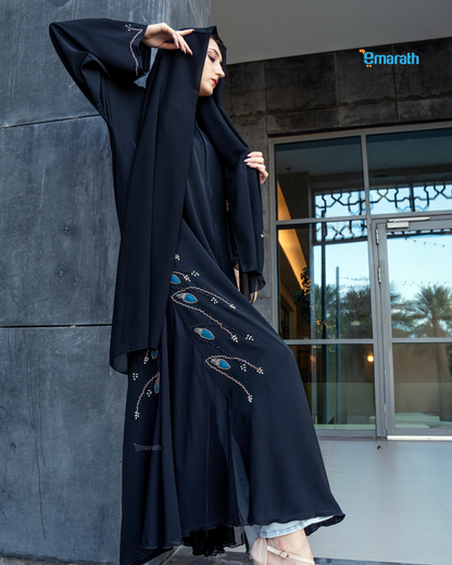 Premium Black Abaya with Luxury Hand Embroidery & Classic Blue-Golden Detailing