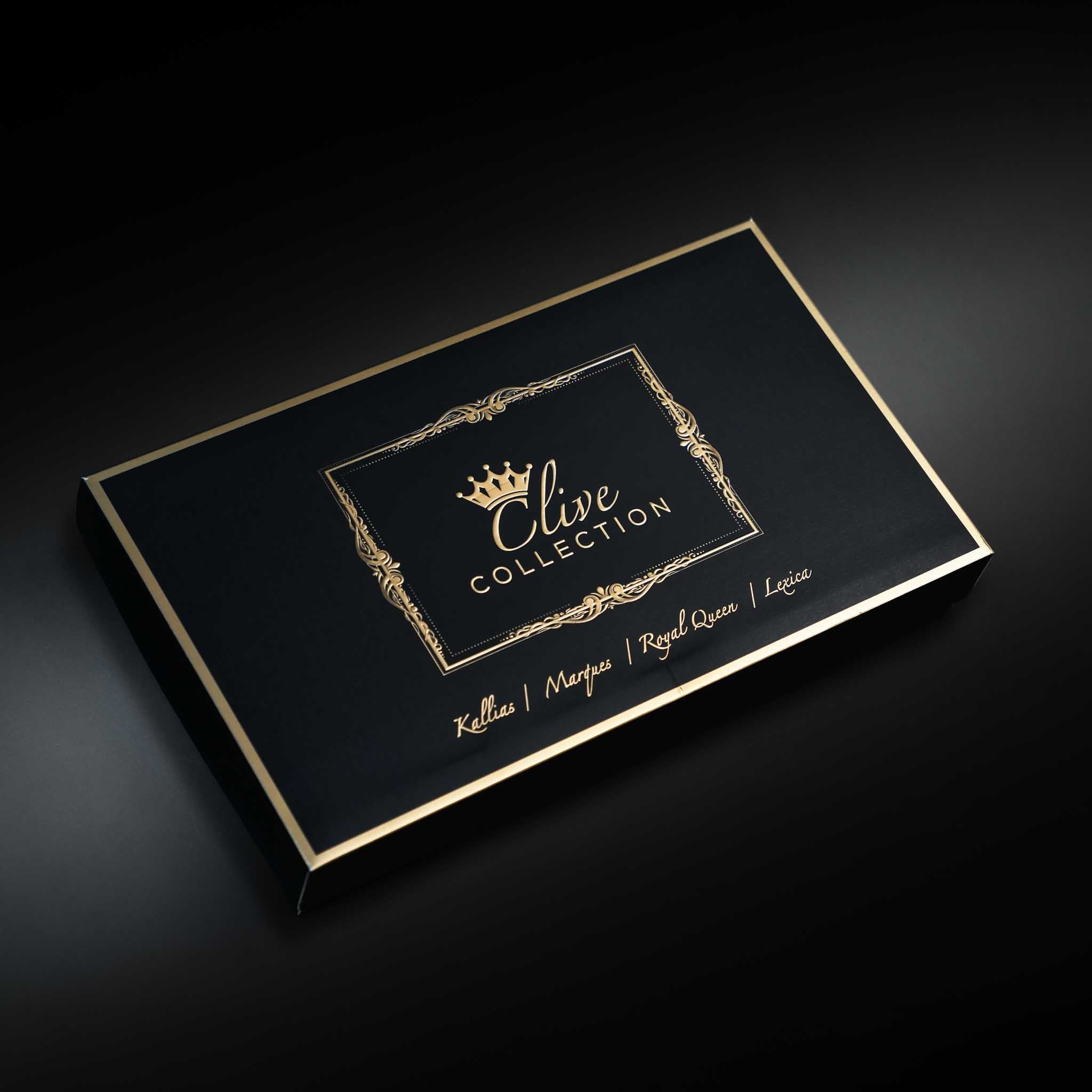 Black box with gold accents featuring 'Clive Collection' on a dark background