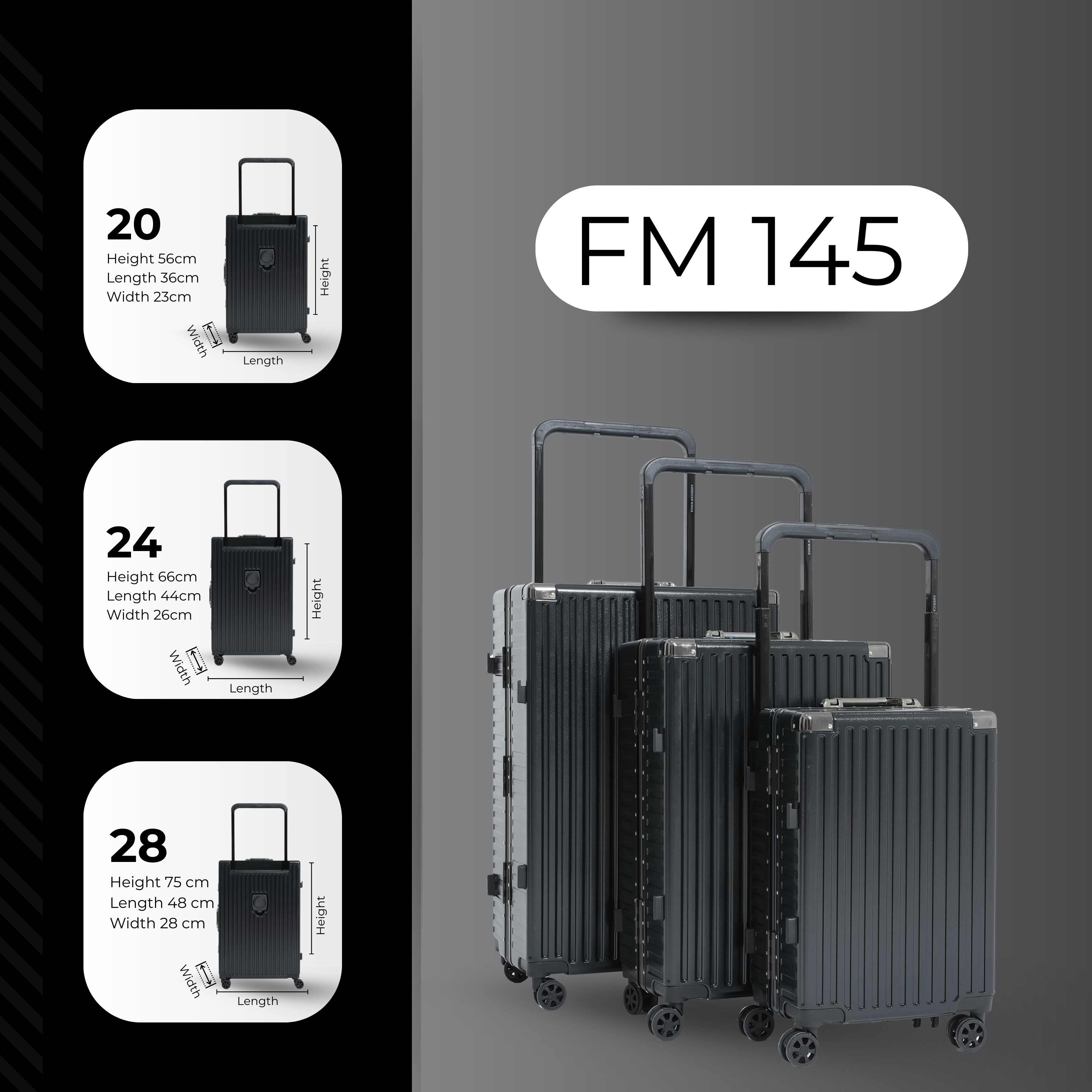 AMERICAN WINGS 3PCS Black Aluminum Frame Luggage Set