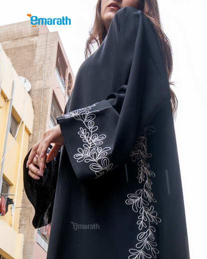 Exquisite Black Abaya for Women with Aari Embroidery & White Thread Work