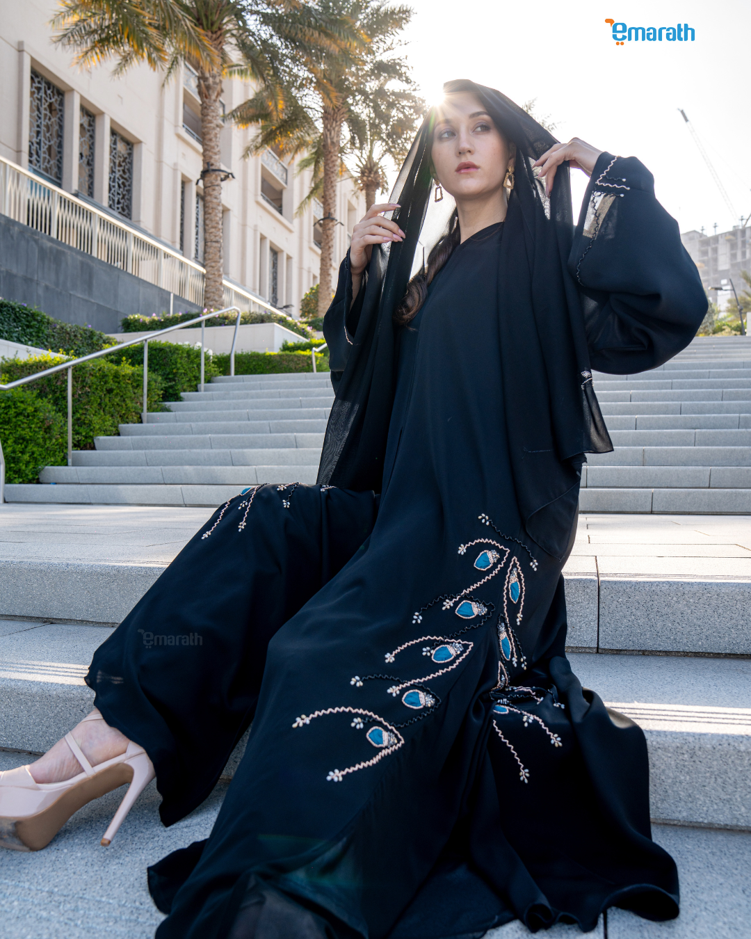 Premium Black Abaya with Luxury Hand Embroidery & Classic Blue-Golden Detailing