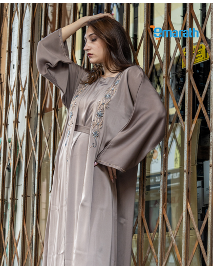 Trendy Grey Abaya for Women with Hand & Stone Work in TikTok Fabric