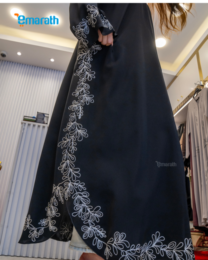 Exquisite Black Abaya for Women with Aari Embroidery & White Thread Work