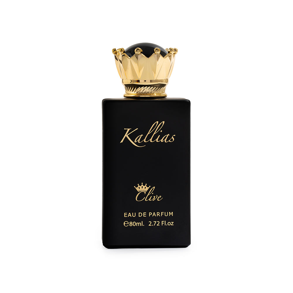 Black Kallias perfume bottle with gold cap on a white background