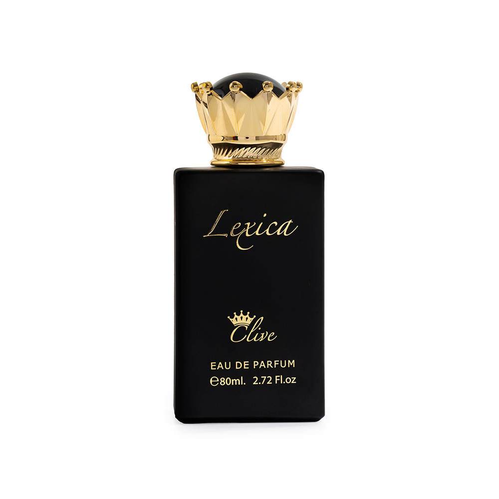 Black and gold perfume bottle labeled 'Lexica Olive' on a white background