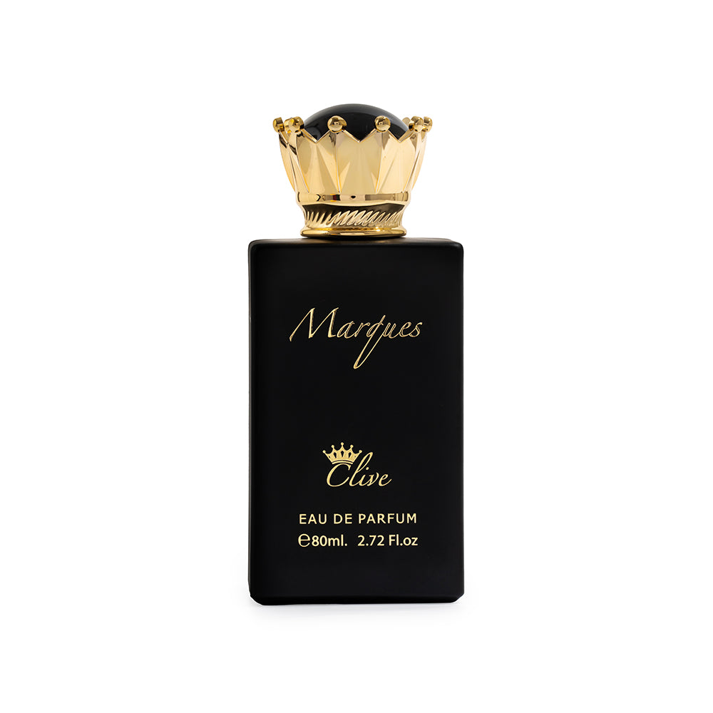 Black and gold perfume bottle with 'Marques' branding on a white background