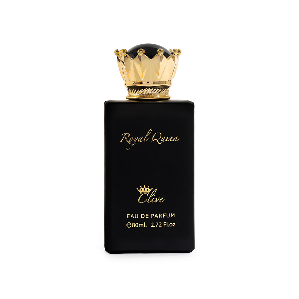 Black and gold perfume bottle labeled 'Royal Queen' on a white background