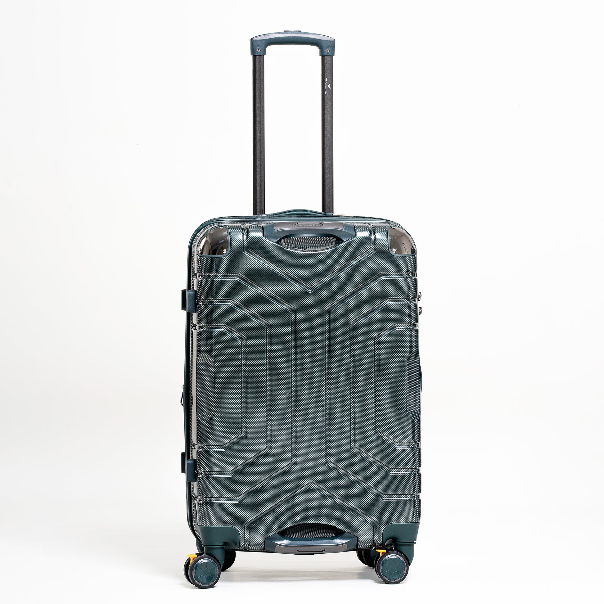 Green suitcase with a geometric design on a white background