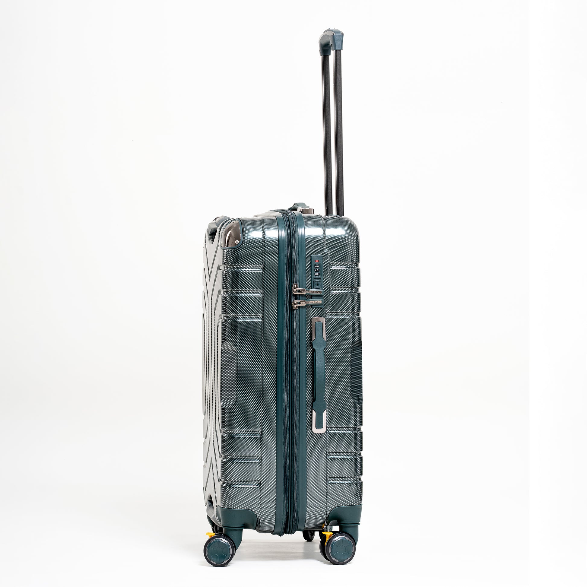 Green suitcase with wheels and handle on a white background