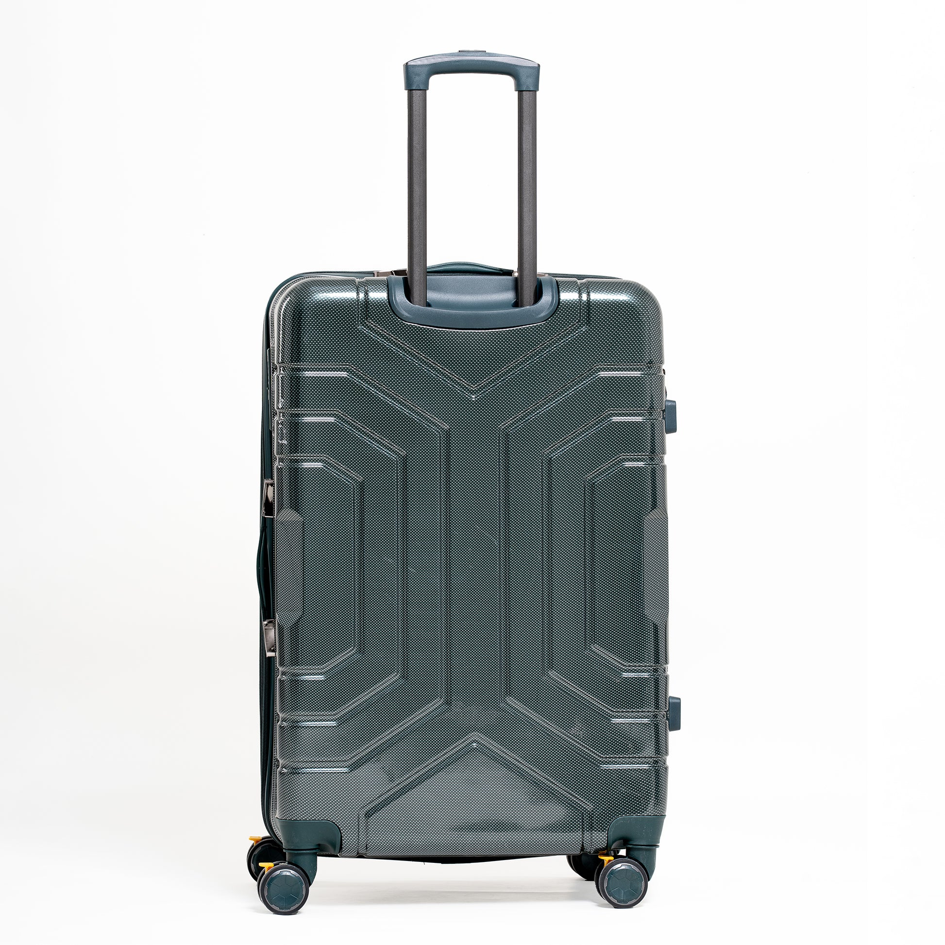 Green suitcase with wheels and handle on a white background