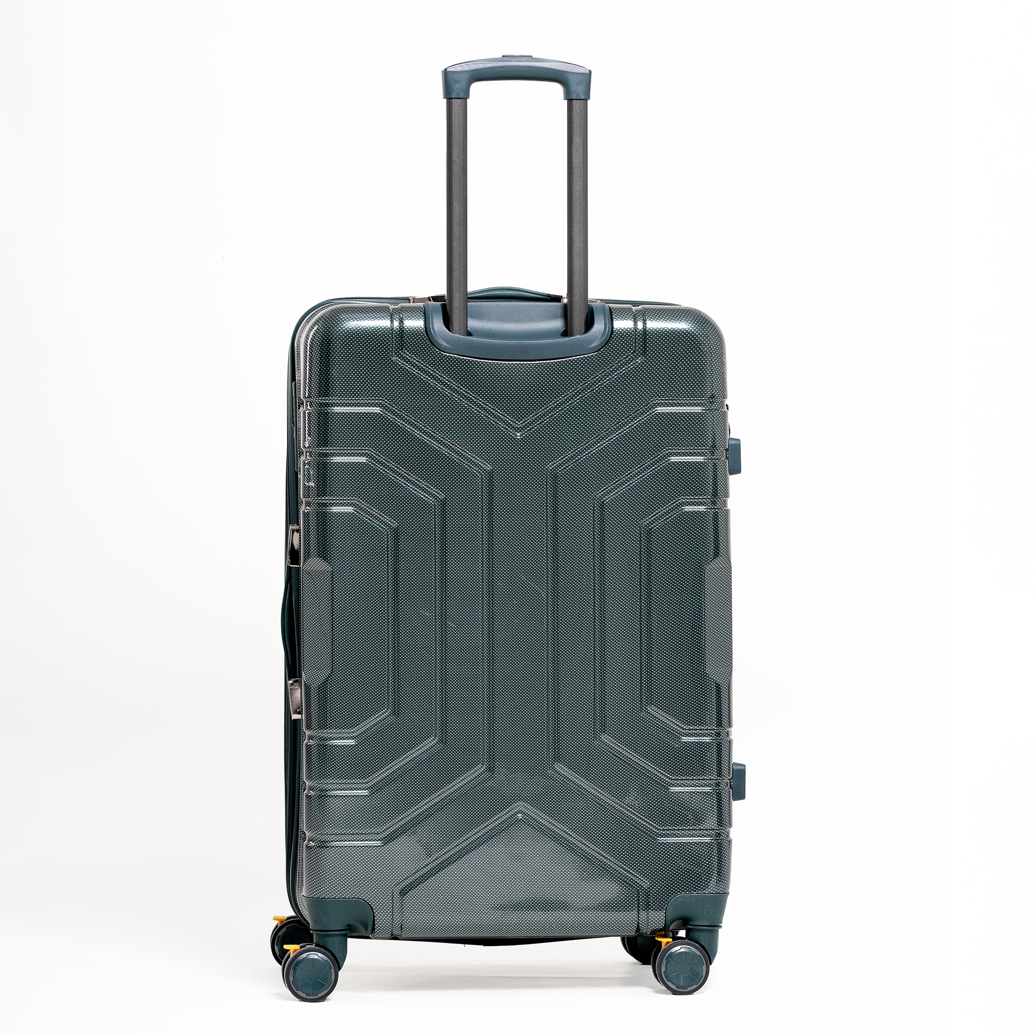 Green suitcase with wheels and handle on a white background