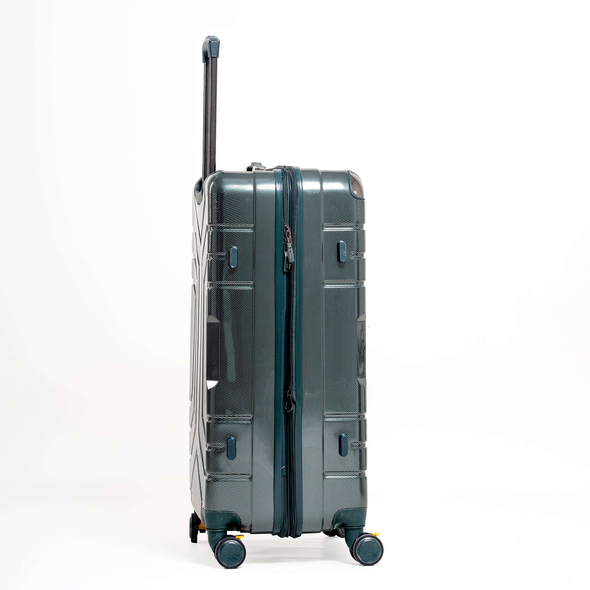 Green suitcase with wheels and a handle on a white background