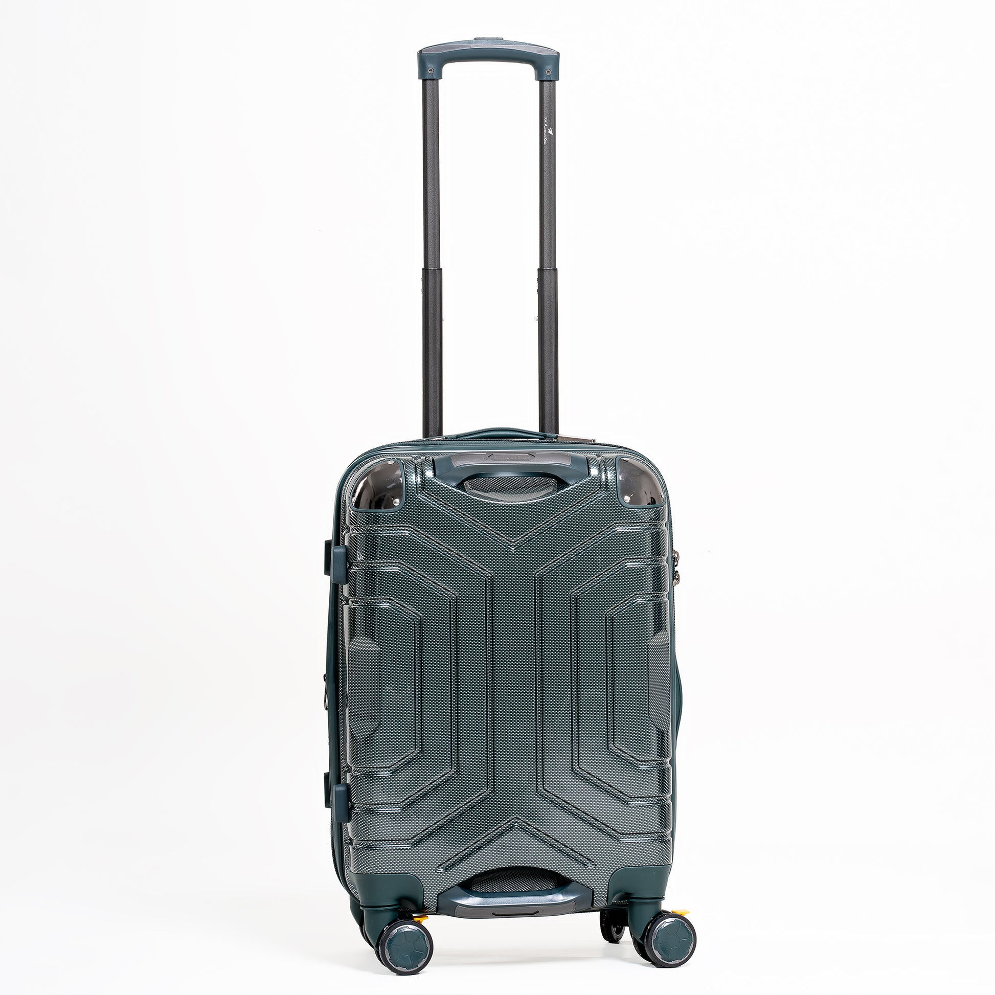 Gray suitcase with wheels and a handle on a white background