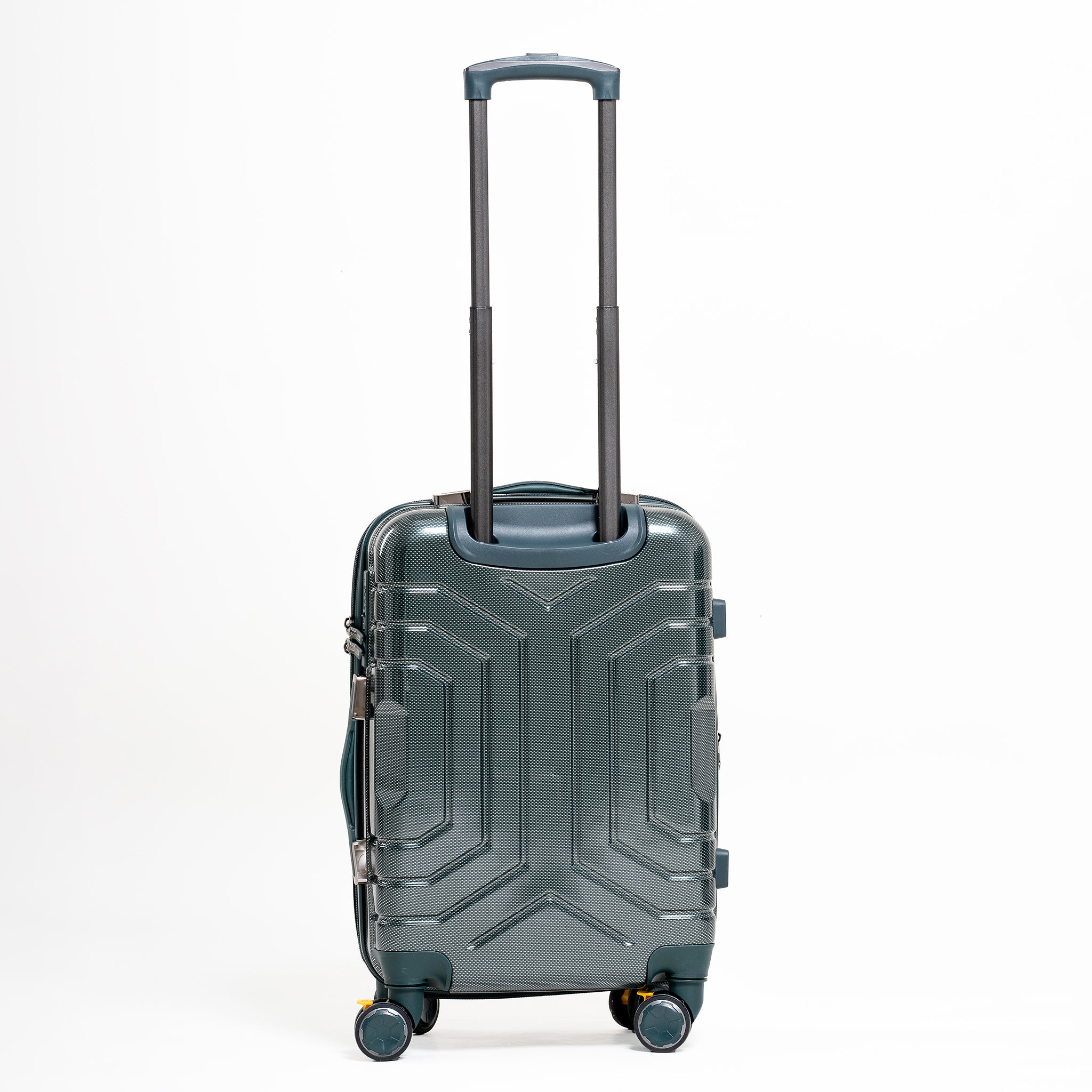 Green suitcase with a geometric design on a white background