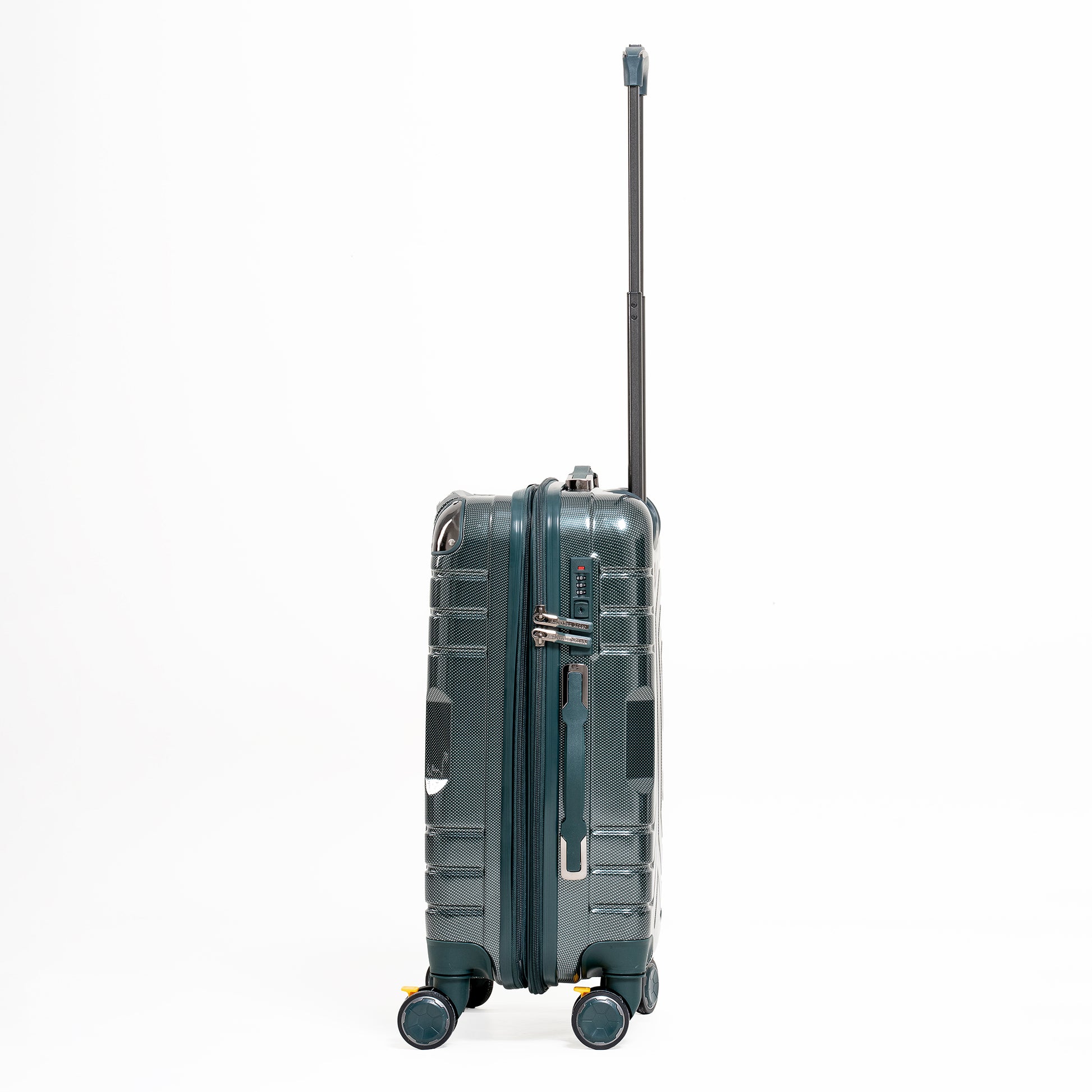 Gray suitcase with wheels and a handle on a white background