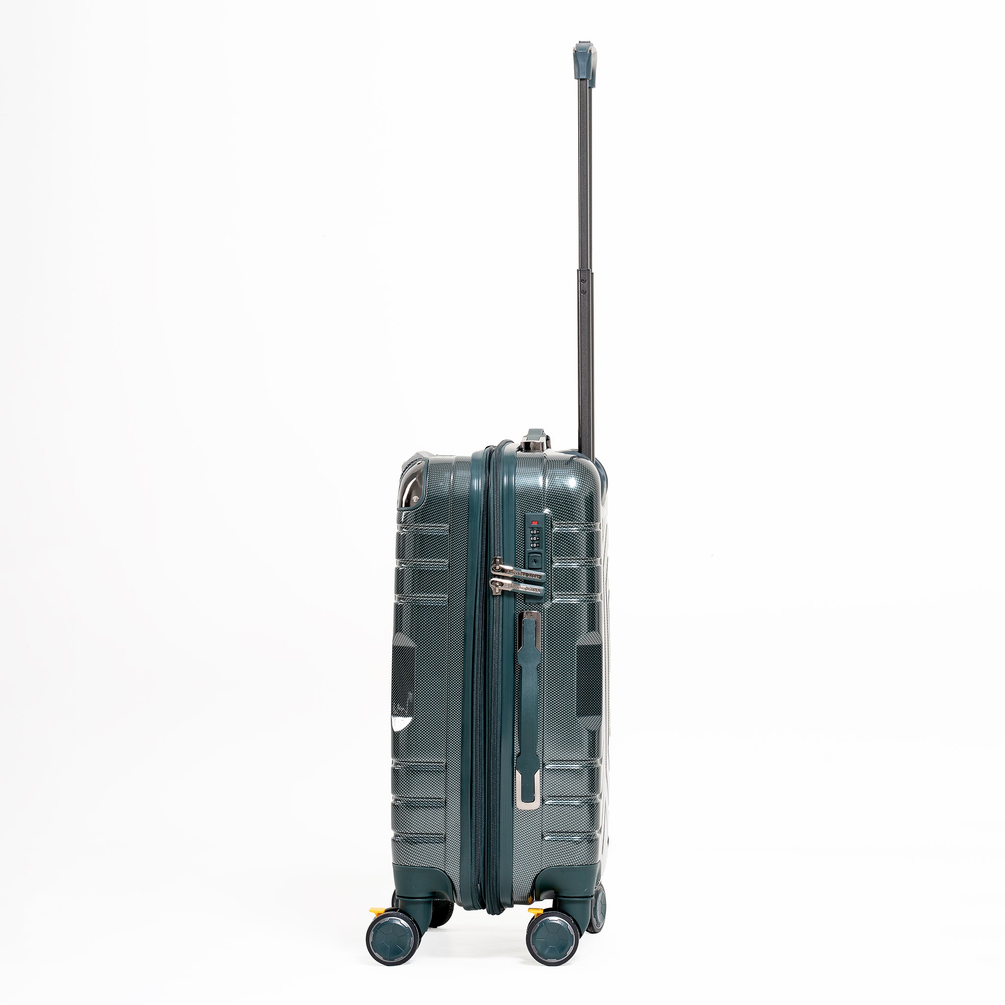 Gray suitcase with wheels and a handle on a white background