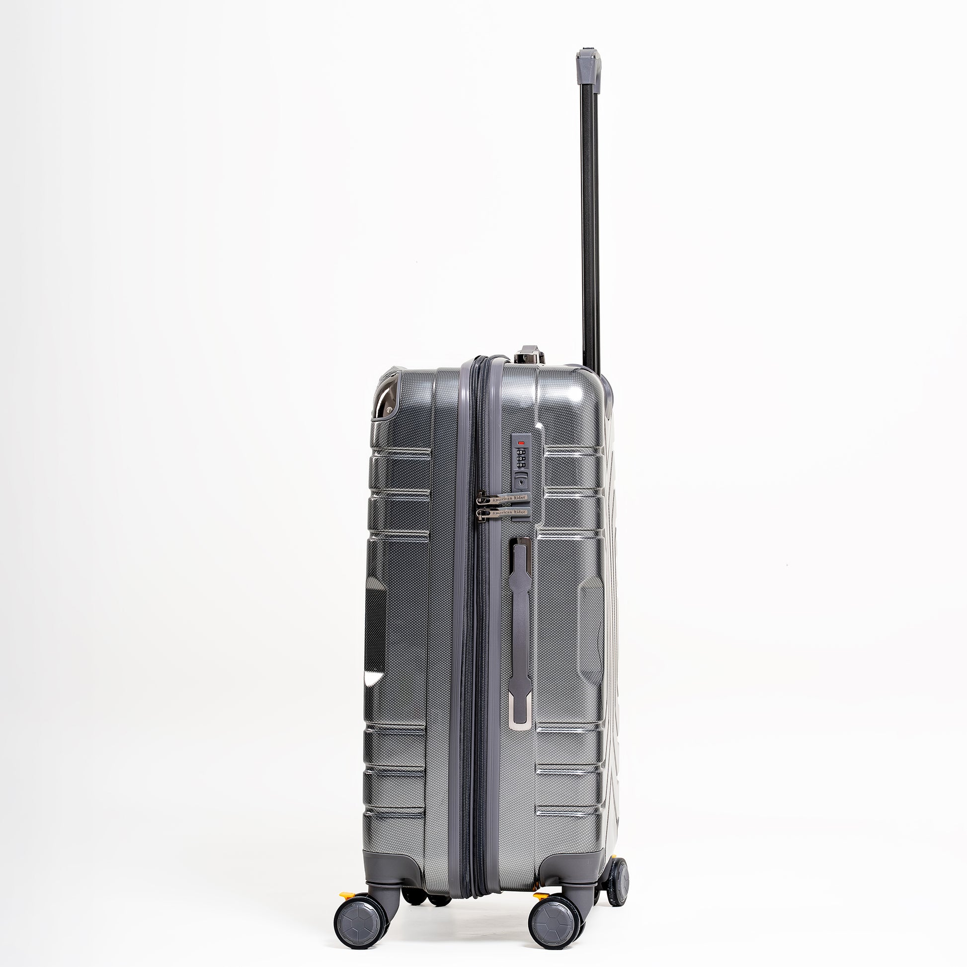 Gray suitcase with wheels and handle on a white background