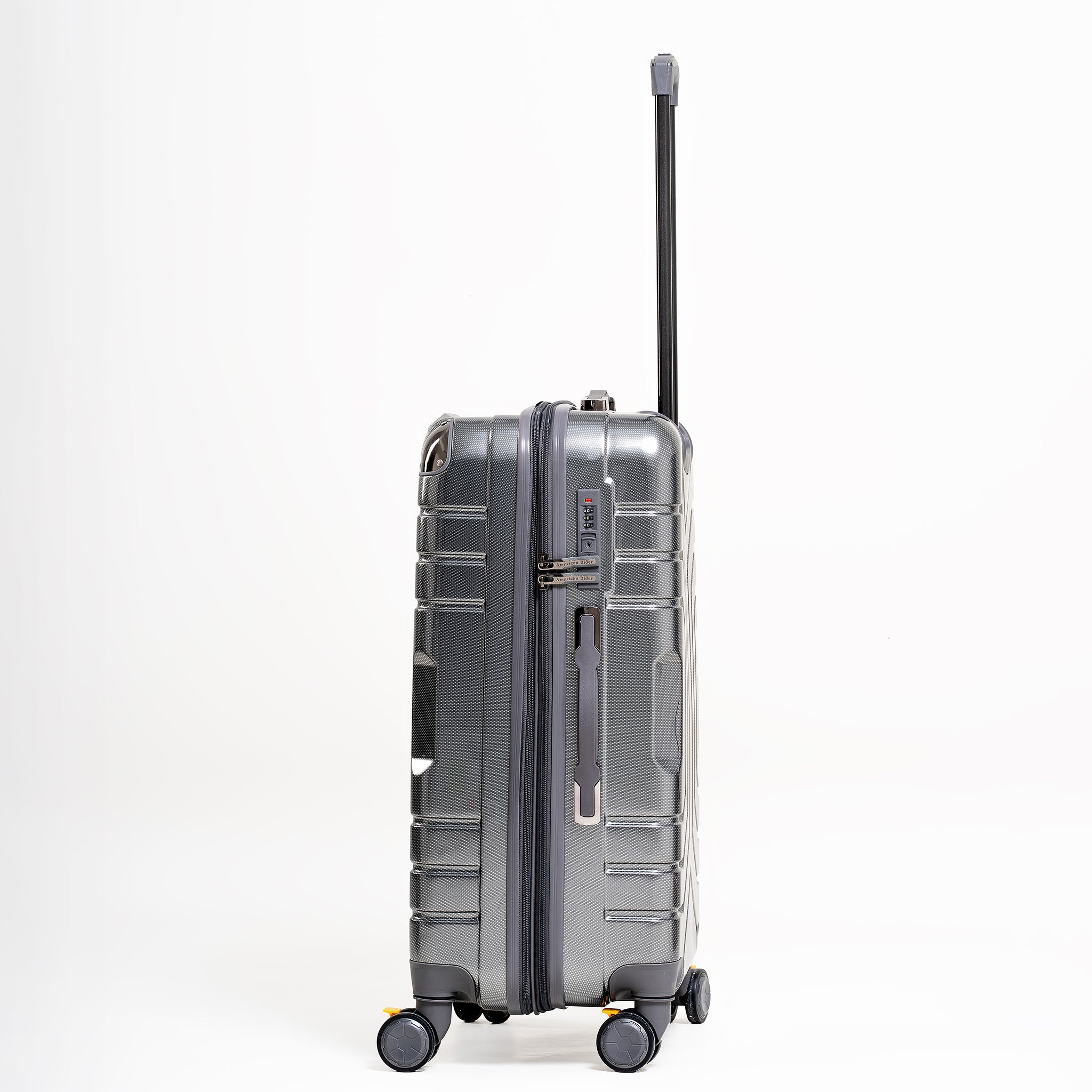 Gray suitcase with wheels and handle on a white background