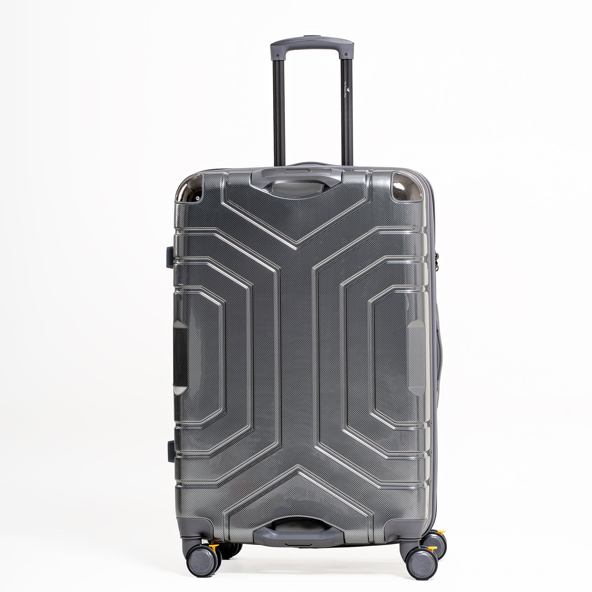 Gray suitcase with geometric design on a white background