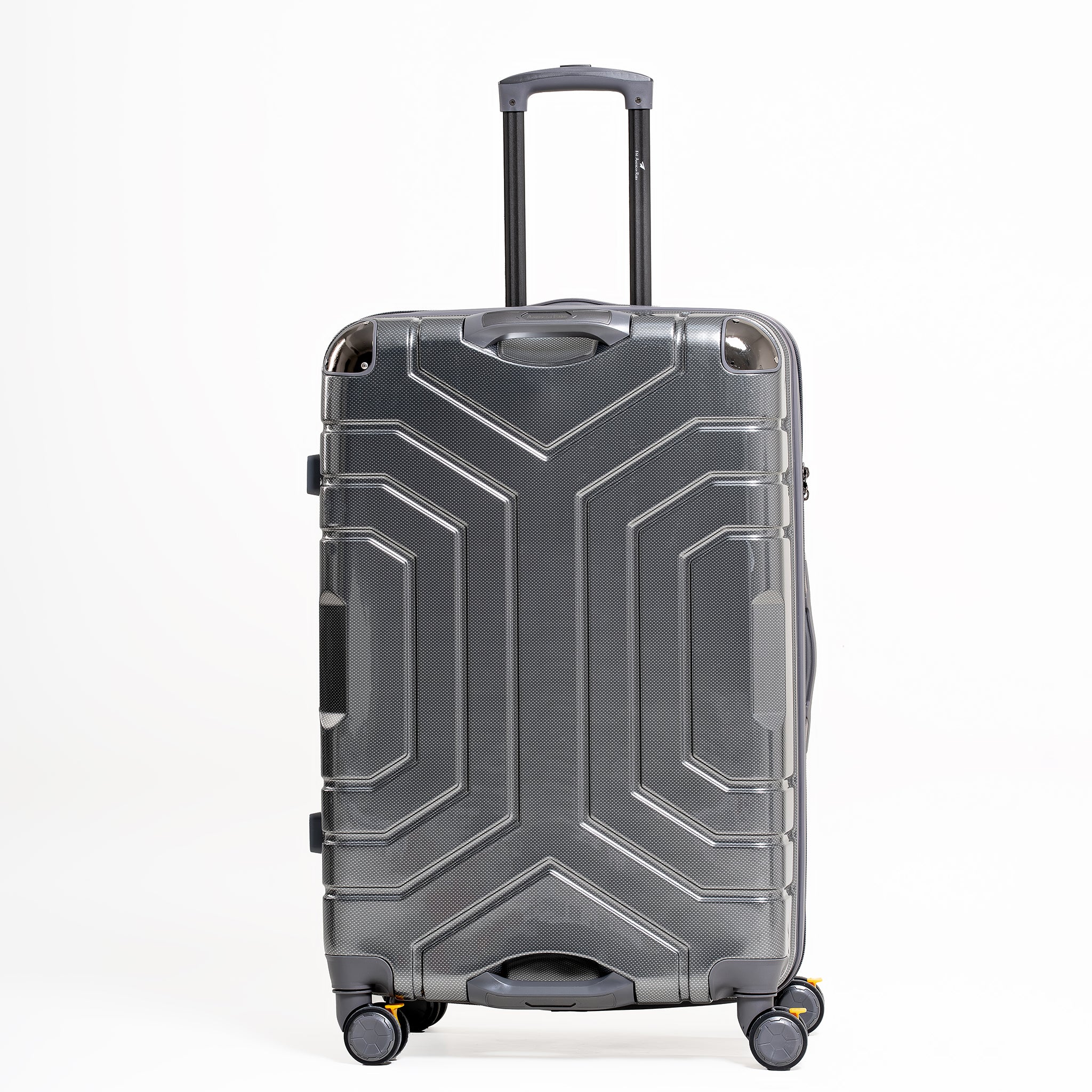 Gray suitcase with geometric design on a white background