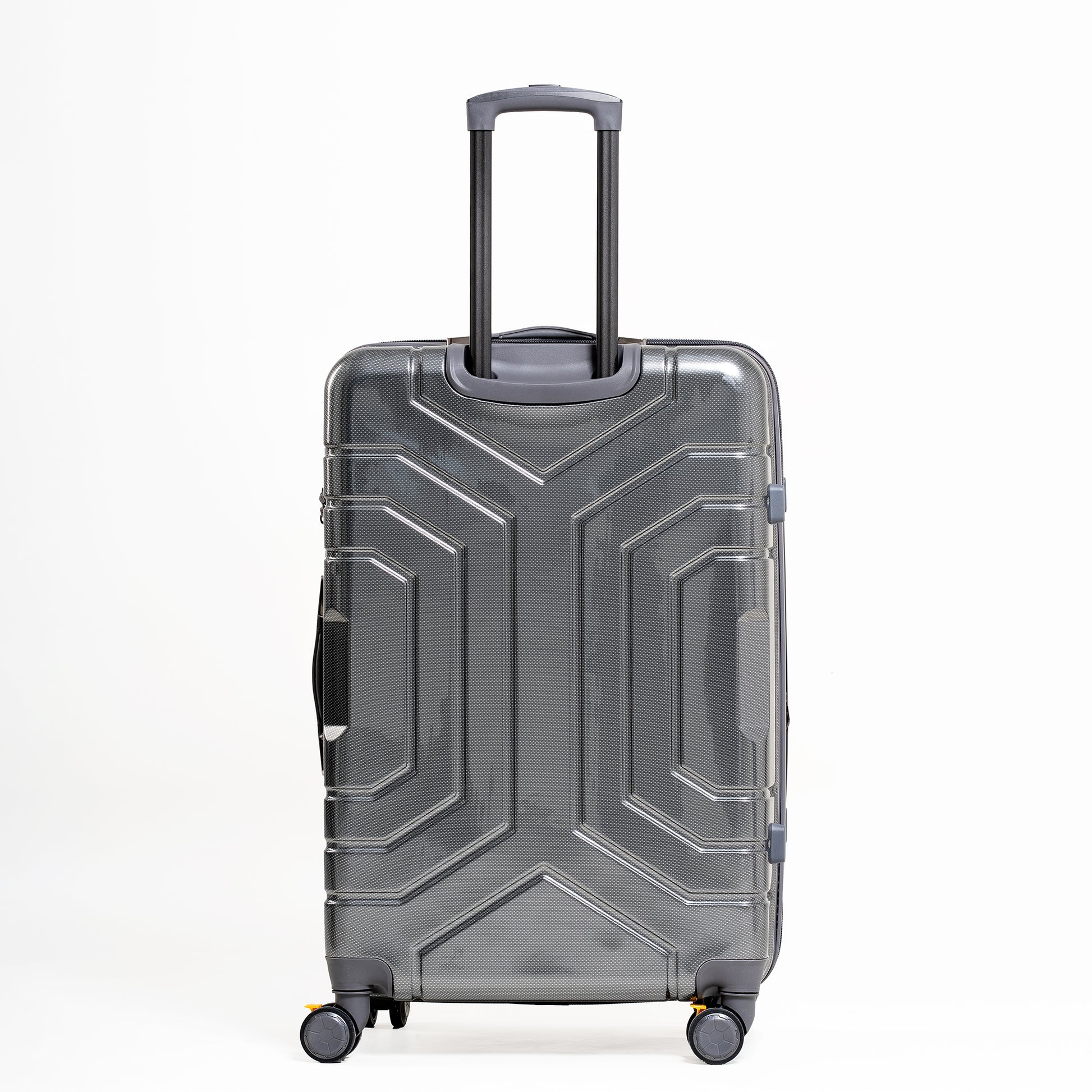 Gray suitcase with geometric design on a white background