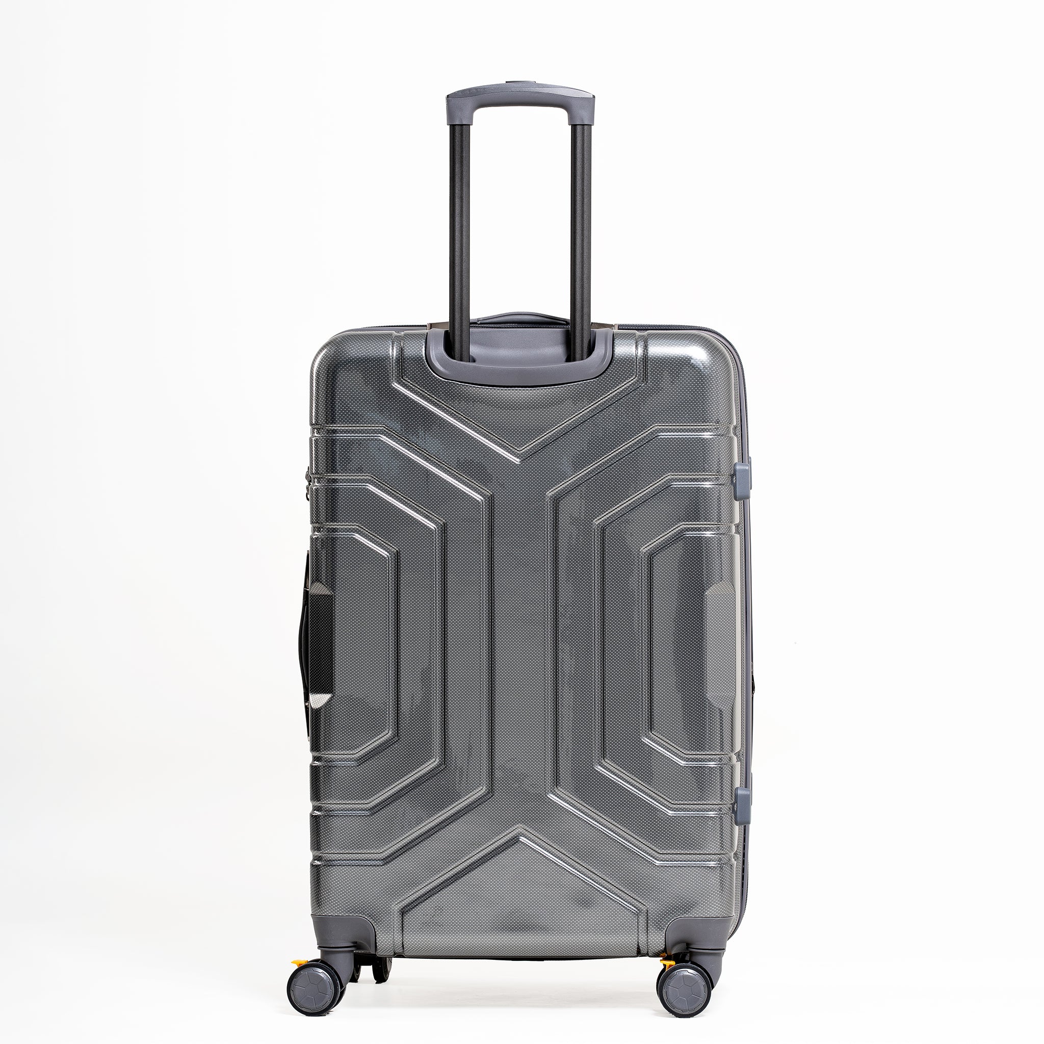 Gray suitcase with geometric design on a white background