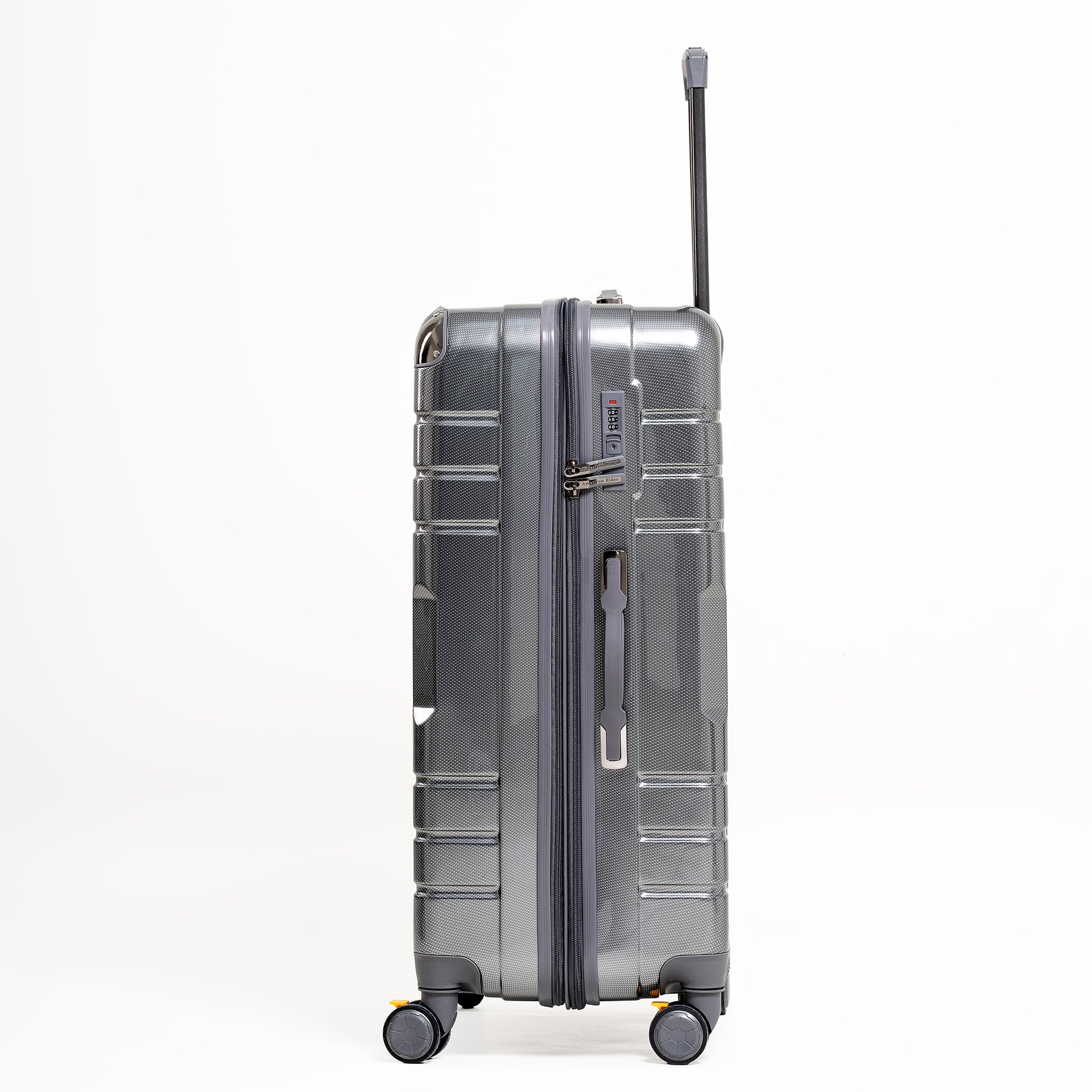 Gray suitcase with wheels and handle on a white background