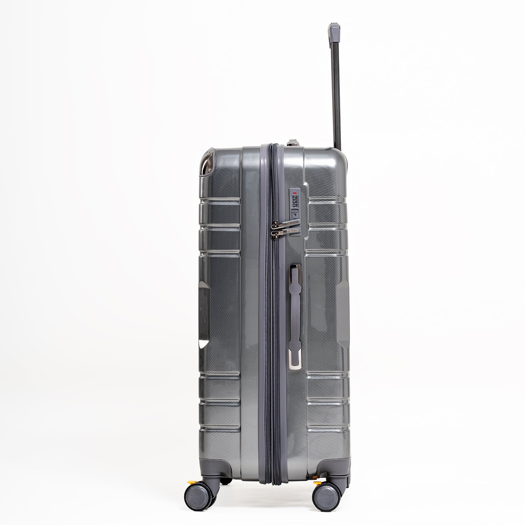 Gray suitcase with wheels and handle on a white background