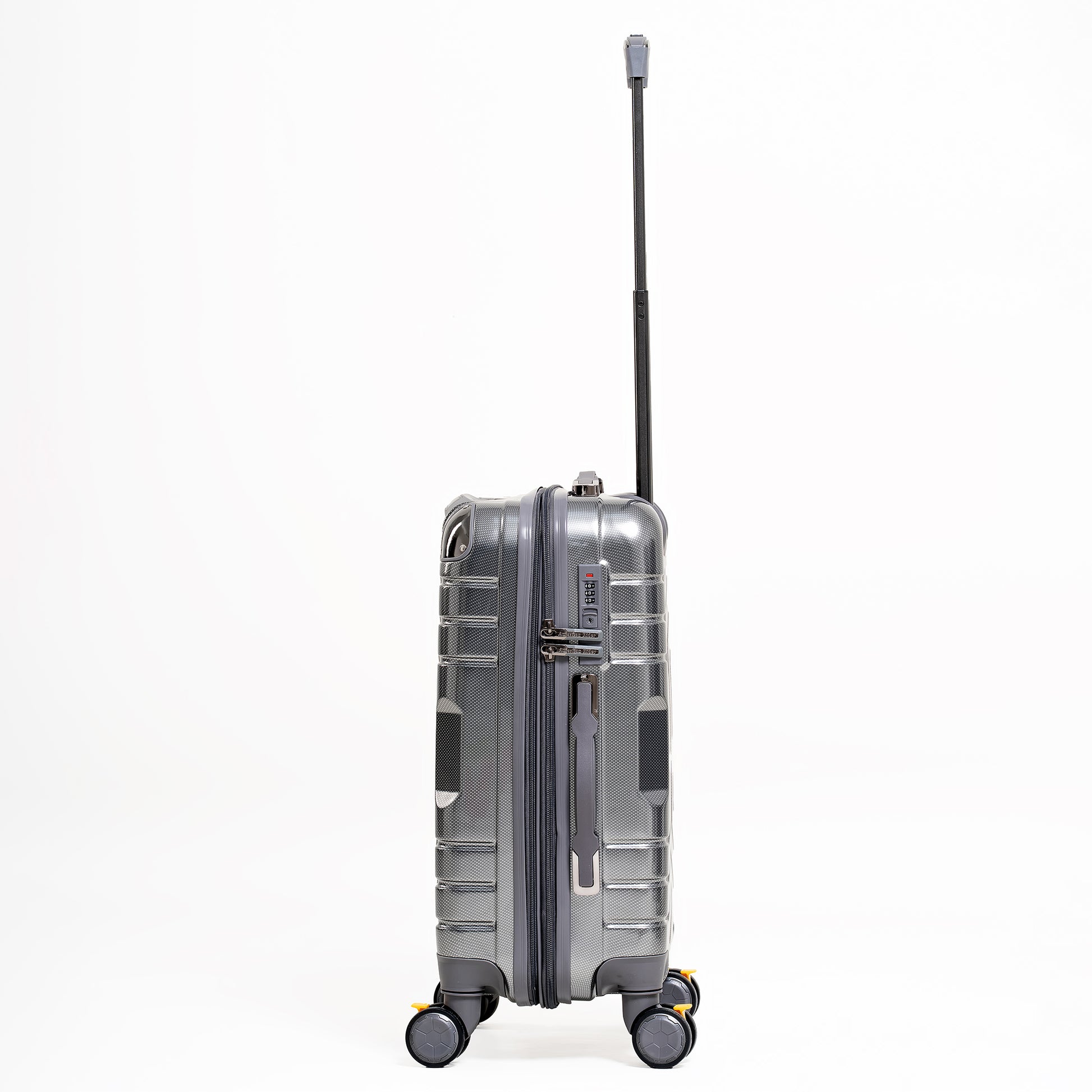 Silver suitcase with a telescopic handle on a white background