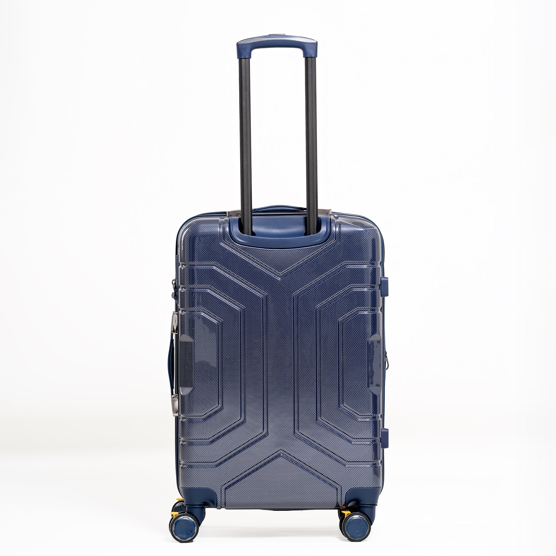 Blue suitcase with geometric design on a white background